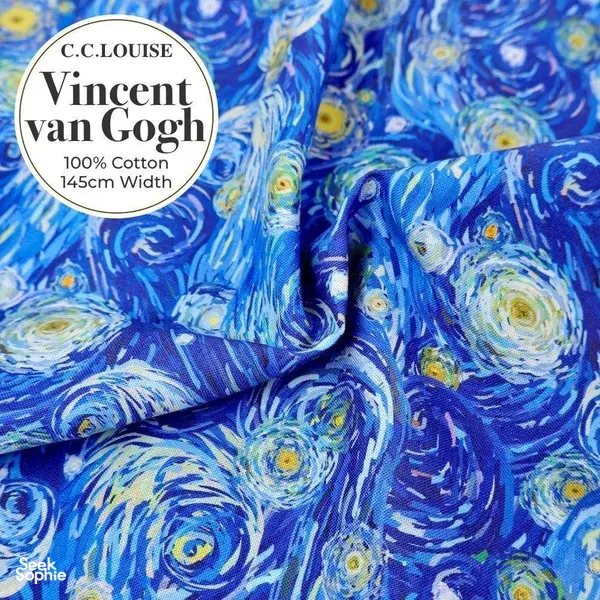 Blue starry cotton fabric labelled 'C.C.Louise Vincent van Gogh, 100% cotton 145cm width' for wraps in Singapore during workshops in Singapore
