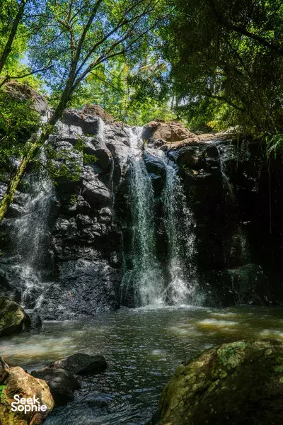 Waterfall plunging through rocky jungle vegetation in Bali during a 4D3N ancient yoga retreat excursion