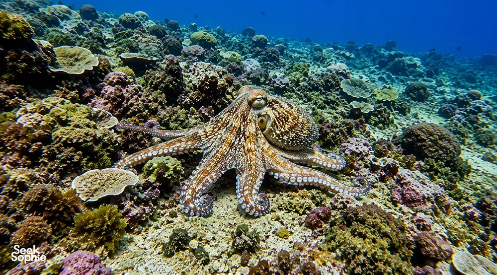 Scuba Froggy guide diving at Lombok’s Pink Beach, highlighting a camouflaged octopus on a coral reef for macro lovers