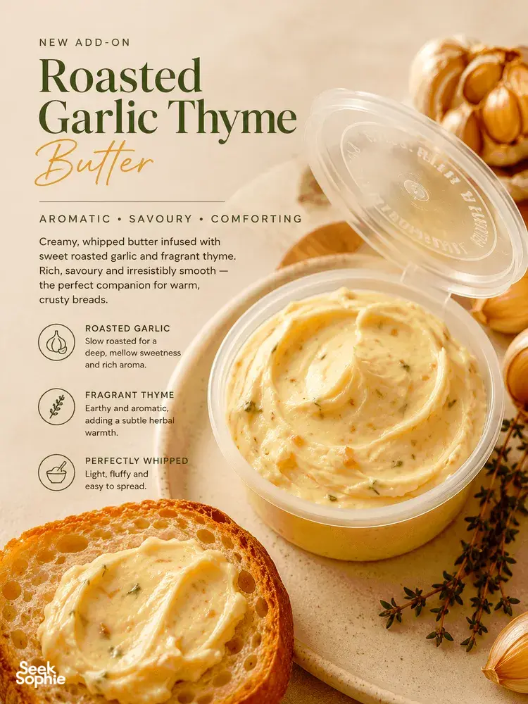 Roasted Garlic Thyme Butter tub beside slices of bread on a promotional card, from a The Daily Staples class in Singapore