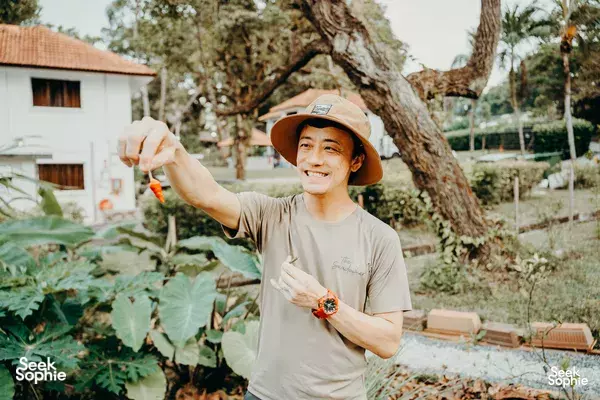 Gardener in a hat harvesting leafy greens beside a garden at a seaside farm dinner in Singapore, Singapore hidden gems