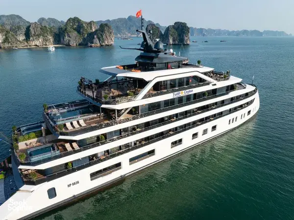 Doris Cruise on Halong Bay from above, with passengers gathered on deck and the helipad rising above the main vessel
