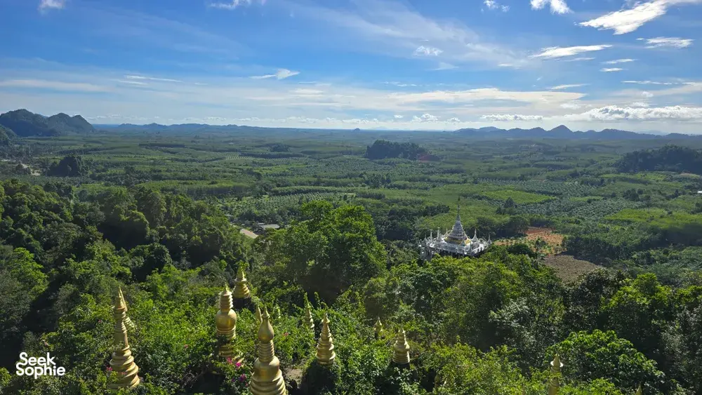 Aerial view over Khao Sok rainforest canopy with scattered white-and-gold pagodas and valleys in Khao Sok National Park