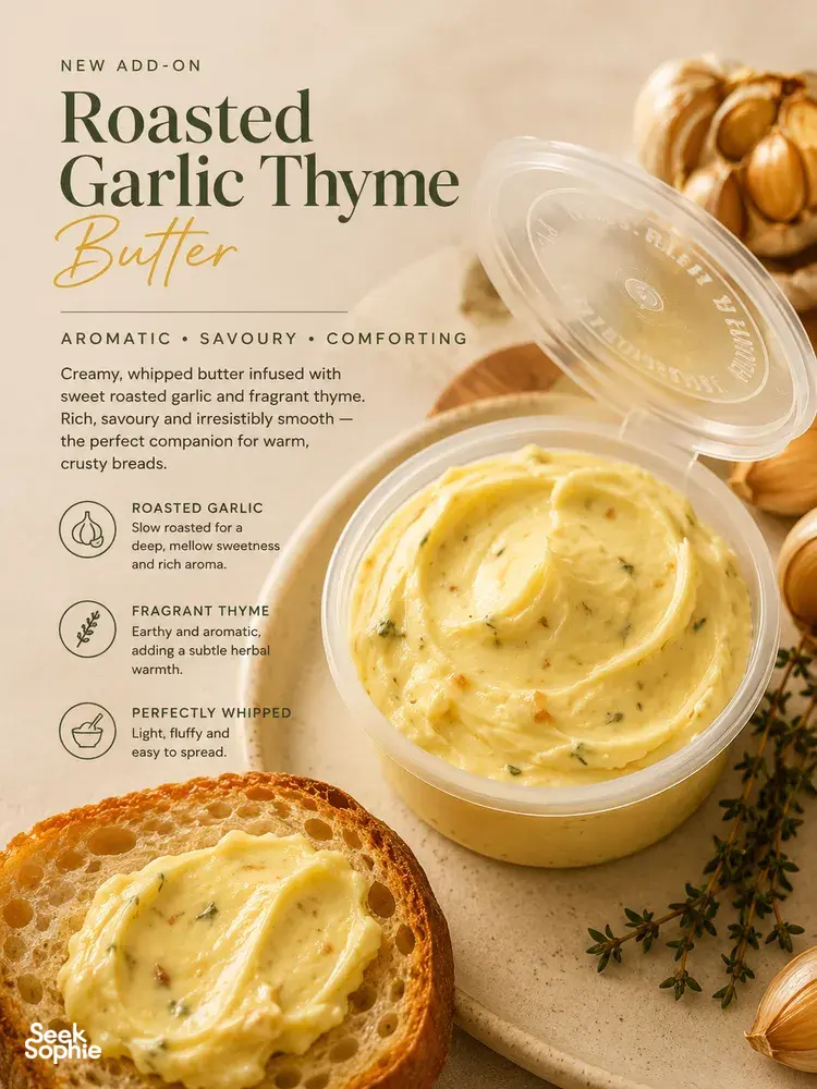 Roasted garlic thyme butter in a serving jar with buttered toast on a beige add-on card for workshops in Singapore