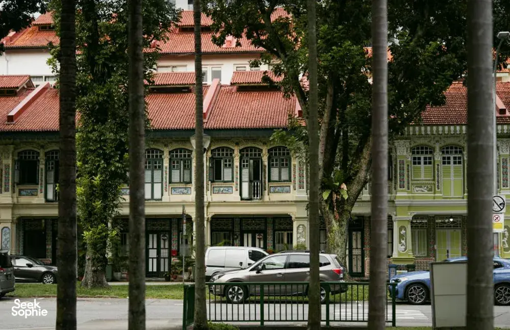 Deretan fasad toko bergaya kolonial di sepanjang Jalan Besar, dengan mobil terparkir dan pepohonan tinggi, dalam tur jalan kaki Hidden Heritage di Singapura — hidden gems Singapura