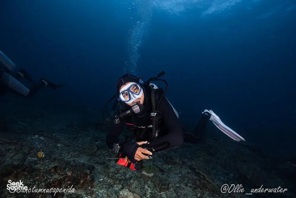 Scuba diver with regulator and mask swimming underwater during a 3-day Open Water Cert in Bali with Sanctum Dive Indonesia
