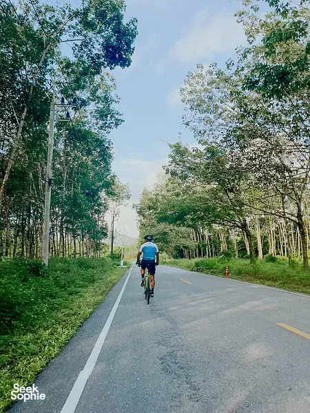 Cyclist on a quiet two-lane road through lush greenery near Takua Pa Old Town, Khao Lak, on a private cycling trip