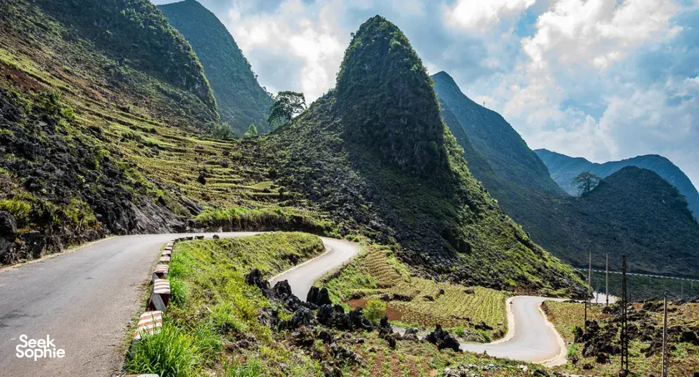 Winding mountain road through terraced karst hills in Ha Giang, part of Mama’s stress-free Ha Giang loop