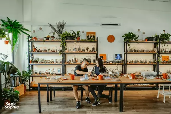 People chatting over potting tables while making Japanese moss balls (kokedama) in a bright Singapore terrarium workshop
