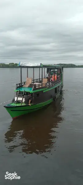 Green small boat moored on the river in Pangkalan Bun, ready for a 3D2N Tanjung Puting cruise for couples.