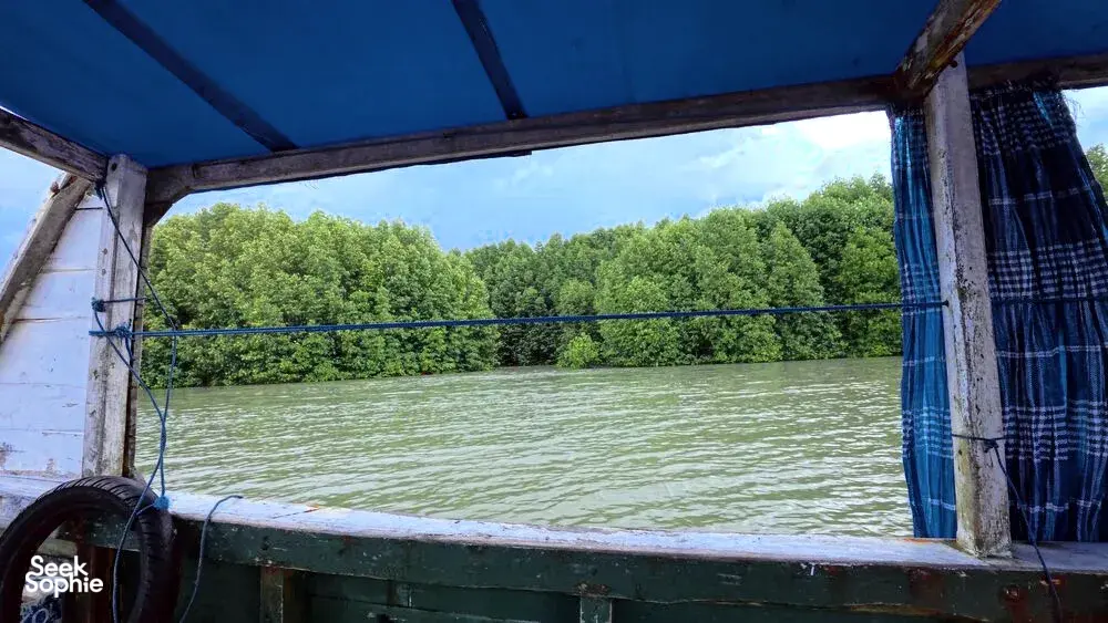 Pemandangan dari dalam bot berbumbung biru, memandang ke arah perairan bakau yang tenang semasa menyertai pelayaran ekosistem di Labuan Bajo