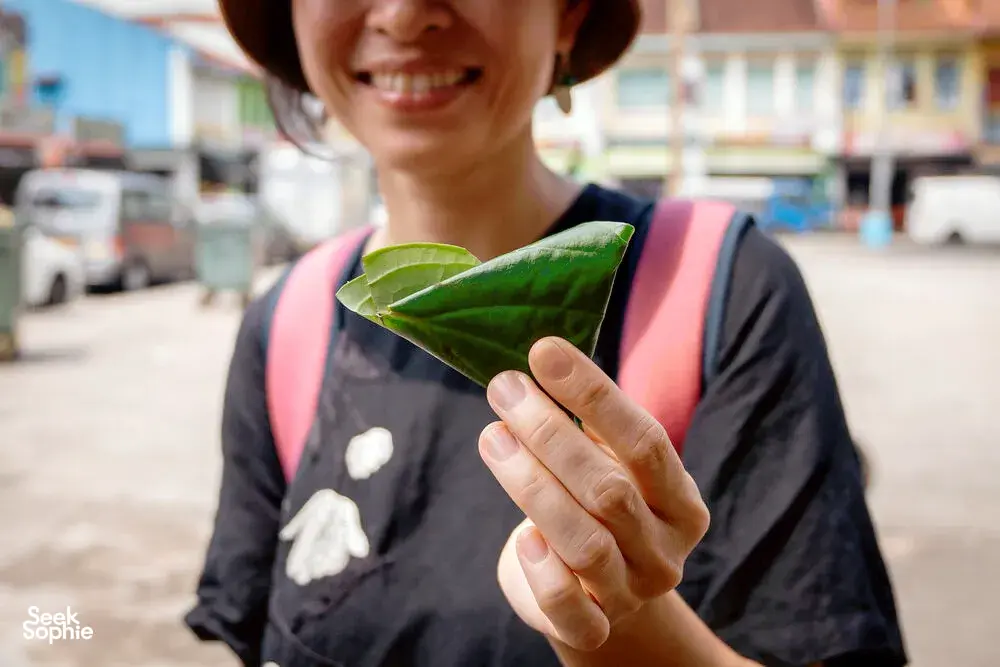 Seorang wanita tersenyum memegang daun hijau di jalanan Jalan Besar, diambil saat tur jalan kaki Hidden Heritage di Singapura — hidden gems Singapura