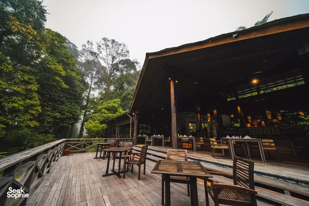 Open-air veranda with wooden tables and warm lamps outside a Danum Valley rainforest lodge at dusk in Sabah