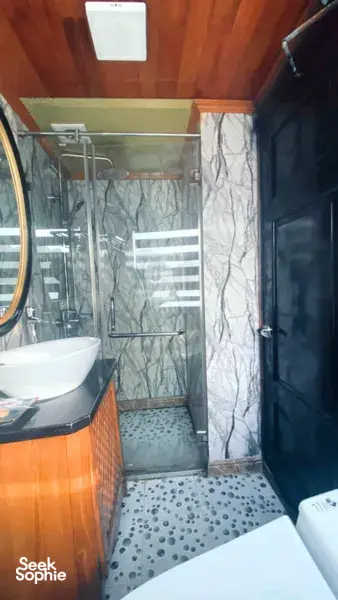 Shower stall and vanity corner in a Cat Ba cruise boat bathroom, with marble-pattern walls and tiled, dotted flooring