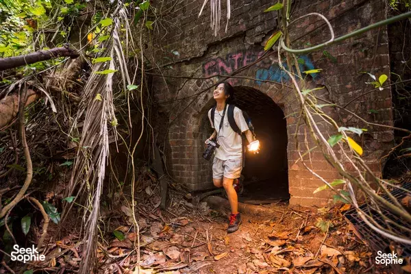 Traveller walks through a narrow brick tunnel in Singapore with a handheld light, surrounded by roots and leaves