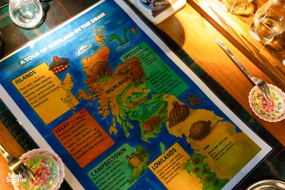 Scotland the Dram tasting map on the table, used for whisky storytelling during a small-batch whisky tasting in Singapore