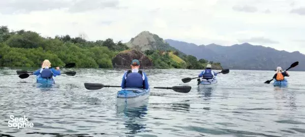 Back-view kayakers glide across a wide river in Labuan Bajo, paddling in formation past forested mountains