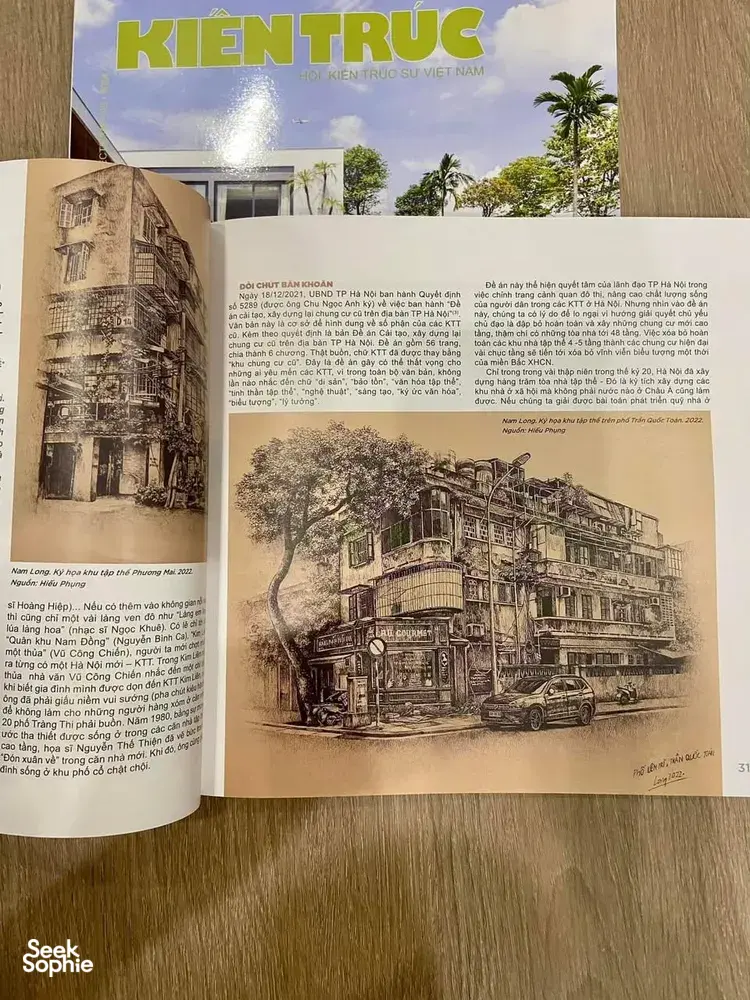 Hanoi collective housing book spread with illustrated building elevations and street scenes, capturing socialist life and memory