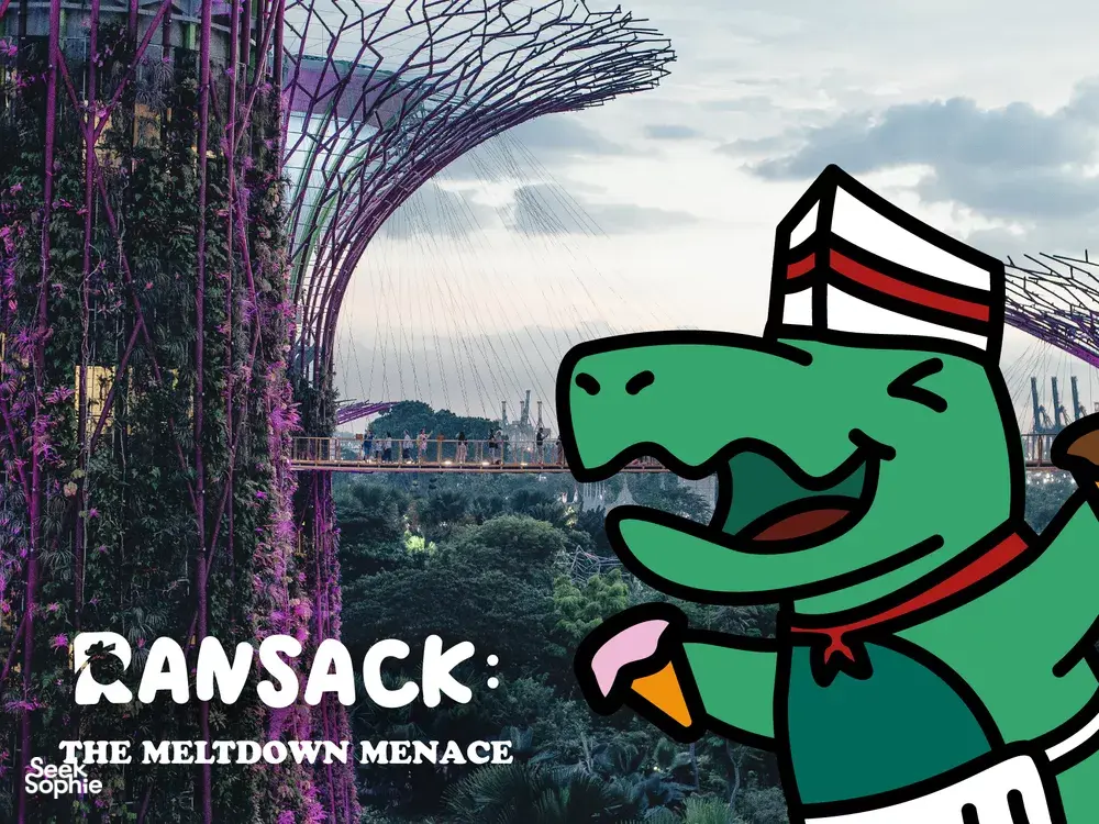 Ransack puzzle hunt “The Meltdown Menace” banner with mascot over the Marina Bay skyline, Singapore — Singapore hidden gems