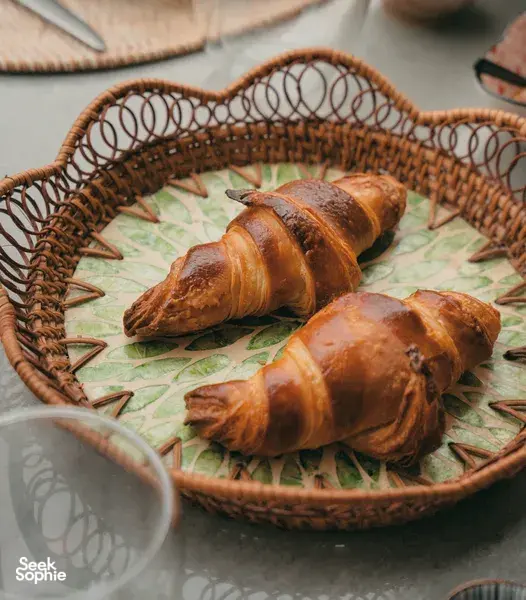 Baked croissants on a serving tray in French Cooking Lab in Singapore, ready for a croissant-baking class — workshops in Singapore