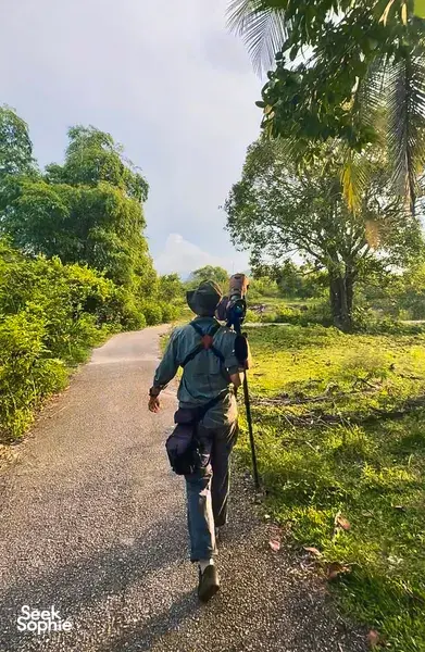 Hiker with binoculars and trekking pole walking along a countryside path through lush greenery in Langkawi on a wildlife trip