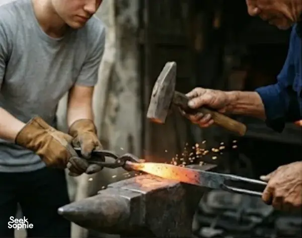 Bilah pisau yang membara ditempa di atas landasan di perkampungan tukang besi bersejarah Hanoi, dengan tangan bersarung dan percikan api