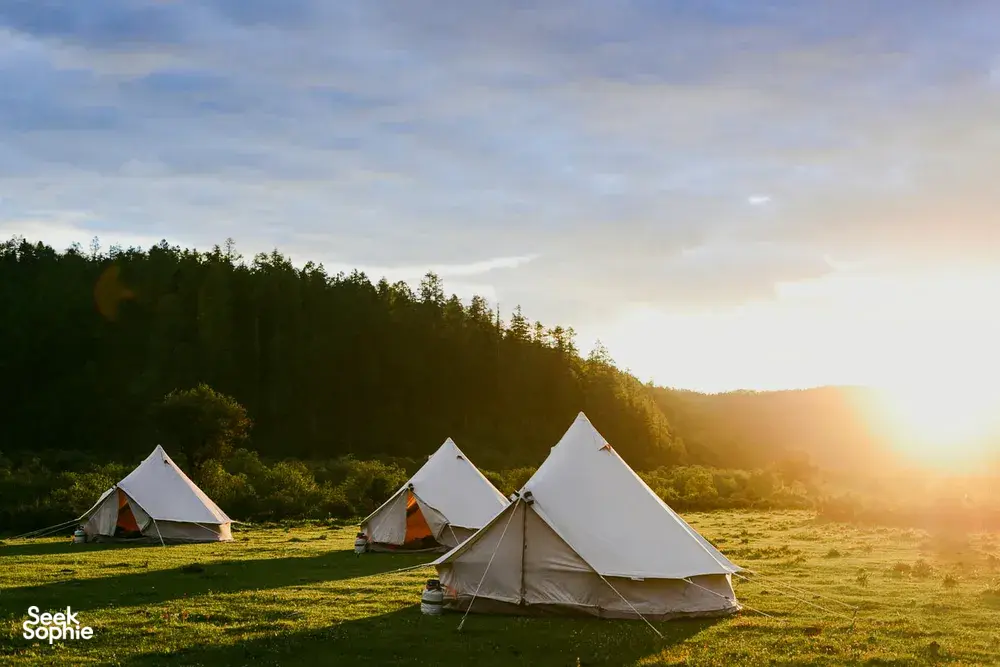 Canvas tents pitched in a grassy meadow in Shangri-La’s remote valleys, glowing at sunset with forested hills behind