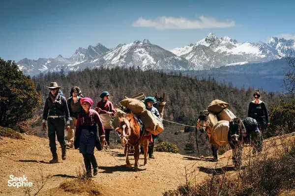Nomadic caravan walking with pack animals along a mountain trail in Shangri-La’s remote valleys, with snow-capped peaks ahead