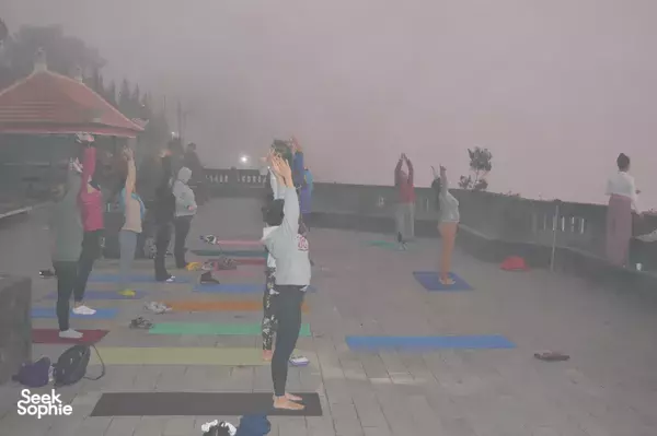 Outdoor yoga class on a foggy hillside terrace in Indonesia, travellers stretching on floor mats in a calm morning session