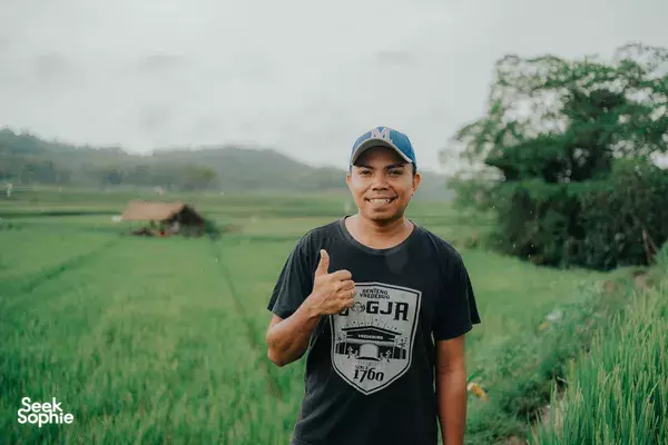 Local guide giving a thumbs-up in Sumba rice fields during a private car & driver tour