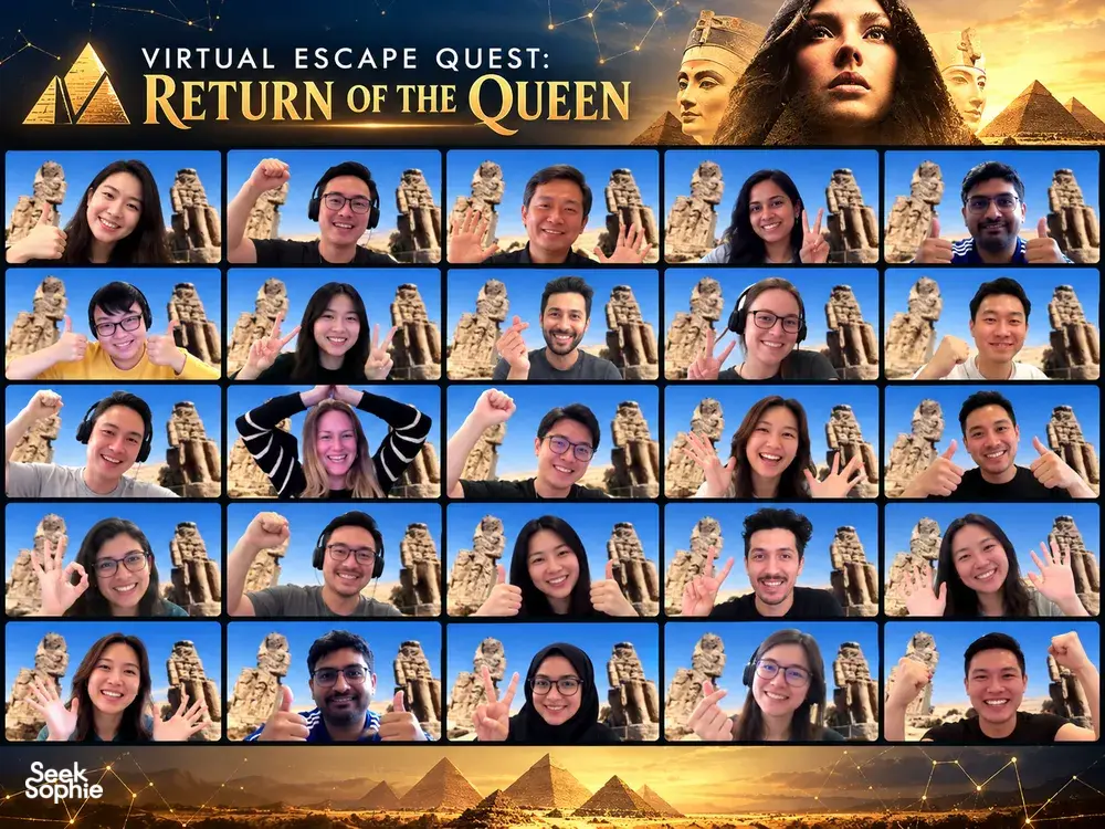 Virtual escape quest banner reading 'Return of the Queen' with video-call thumbs-up against pyramids—team bonding activities Singapore