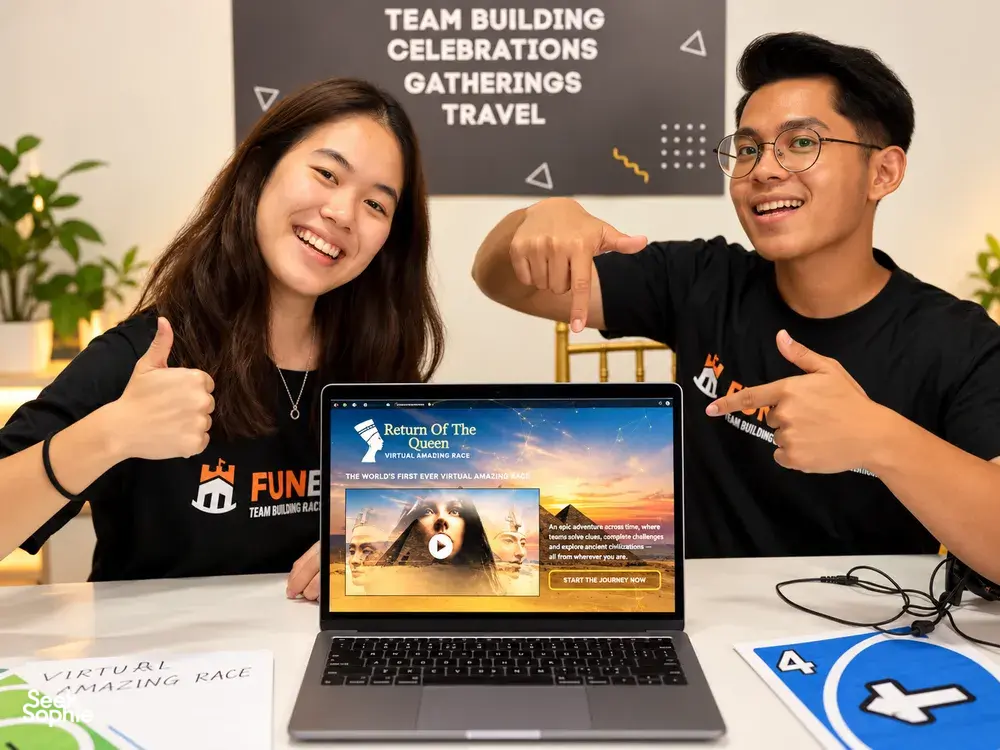 FunEmpire hosts smiling with thumbs-up beside a laptop running a virtual escape room for remote teams in Singapore, team building Singapore