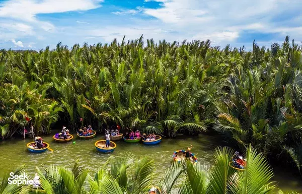 Kayaks on a calm palm-lined river with dense mangrove forest, viewed from above during a Ho Chi Minh City water transport ride