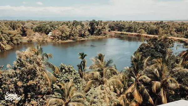 Wide aerial view over Udawalawe’s lake and river bends, surrounded by dense tropical forest and palms