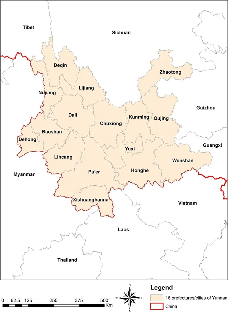 Map of Yunnan province with city and region labels such as Lijiang, Dali and Deqin, showing prefectures and borders