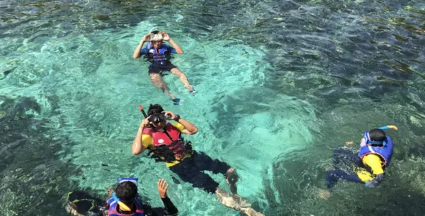 Snorkellers swimming over clear water during the Blue Ring Reef stop on a Danum Valley escape in Sabah, Malaysia