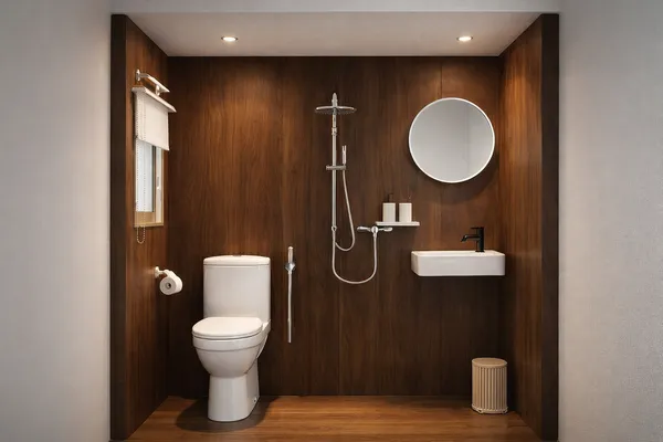 Bathroom interior with round mirror, toilet and shower hose in a wooden phinisi cabin on a Komodo cruise, Labuan Bajo