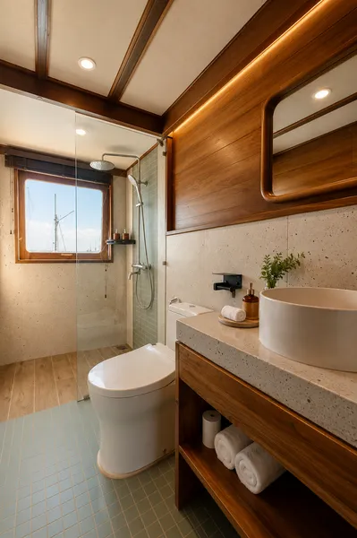 Ensuite bathroom on a phinisi with toilet, shower and countertop sink, seen through glass over open water on a Komodo cruise in Labuan Bajo