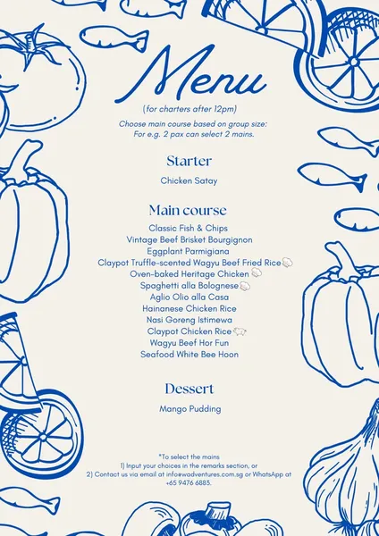 Private dining Singapore menu card titled Menu with starter, main-course and dessert options for a yacht wine-and-dine experience