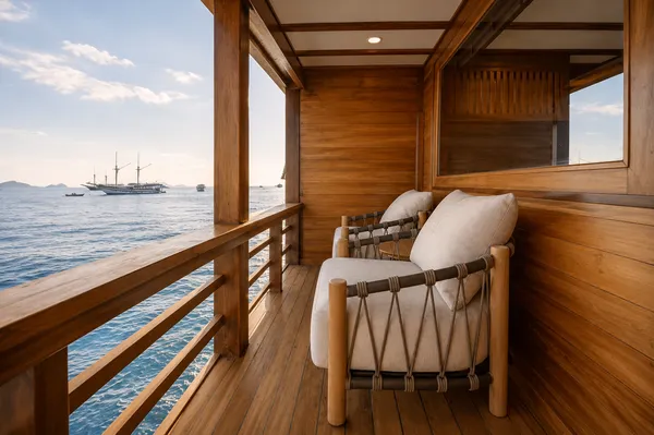 Travass Life phinisi deck lounge with wooden railings and sea view in a Komodo shared trip, Labuan Bajo