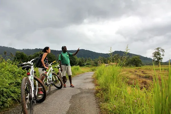 Two cyclists rolling along a narrow track surrounded by green grass and mountains in Langkawi during a guided bike ride