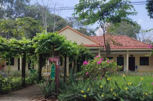 Single-storey lodge with red-tiled roof, garden path, and flowering shrubs in Cat Tien, Vietnam, for a 3D2N stay