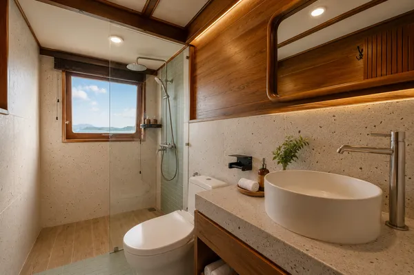 Bathroom on a phinisi with toilet, oval sink and shower, bright with coastal views on a Komodo shared trip in Labuan Bajo