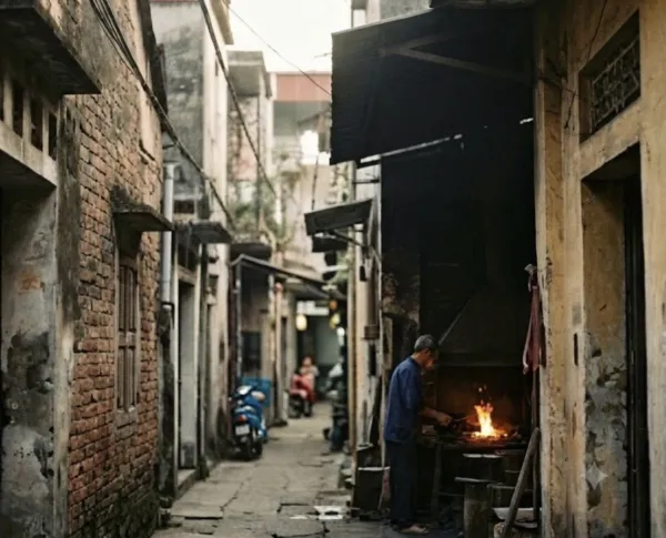 Lorong kampung tukang besi bersejarah di Hanoi dengan ruang kerja kraf dan relau tempa terbuka, tempat tetamu boleh menempa pisau mereka sendiri