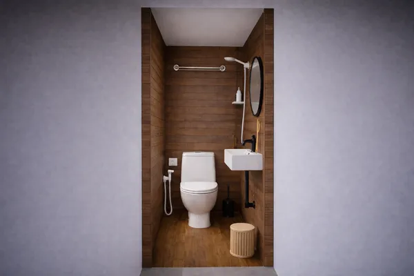 Wooden bathroom with toilet, towel rail and wall-mounted sink in a phinisi cabin on a Komodo cruise, Labuan Bajo