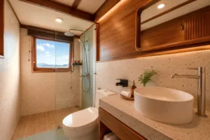 On a new phinisi cabin near Labuan Bajo, a compact bathroom with walk-in shower, toilet and stone washbasin