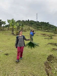 Trekkers on a Ha Giang hillside path carry palm fronds as they continue a rice-terrace trek through Tay and Dao villages
