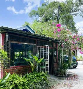 Entrance to Ilham Ceramic Studio in Langkawi with garden greenery, flowering vines and a brick-lined courtyard