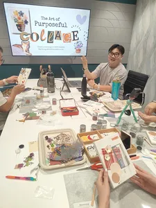 People arranging vision boards with gemstones and collage supplies at a craft session in Singapore for workshops in Singapore