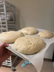 Hand lifting a tray of pale dough loaves waiting to bake in a Singapore kitchen for focaccia making — workshops in Singapore